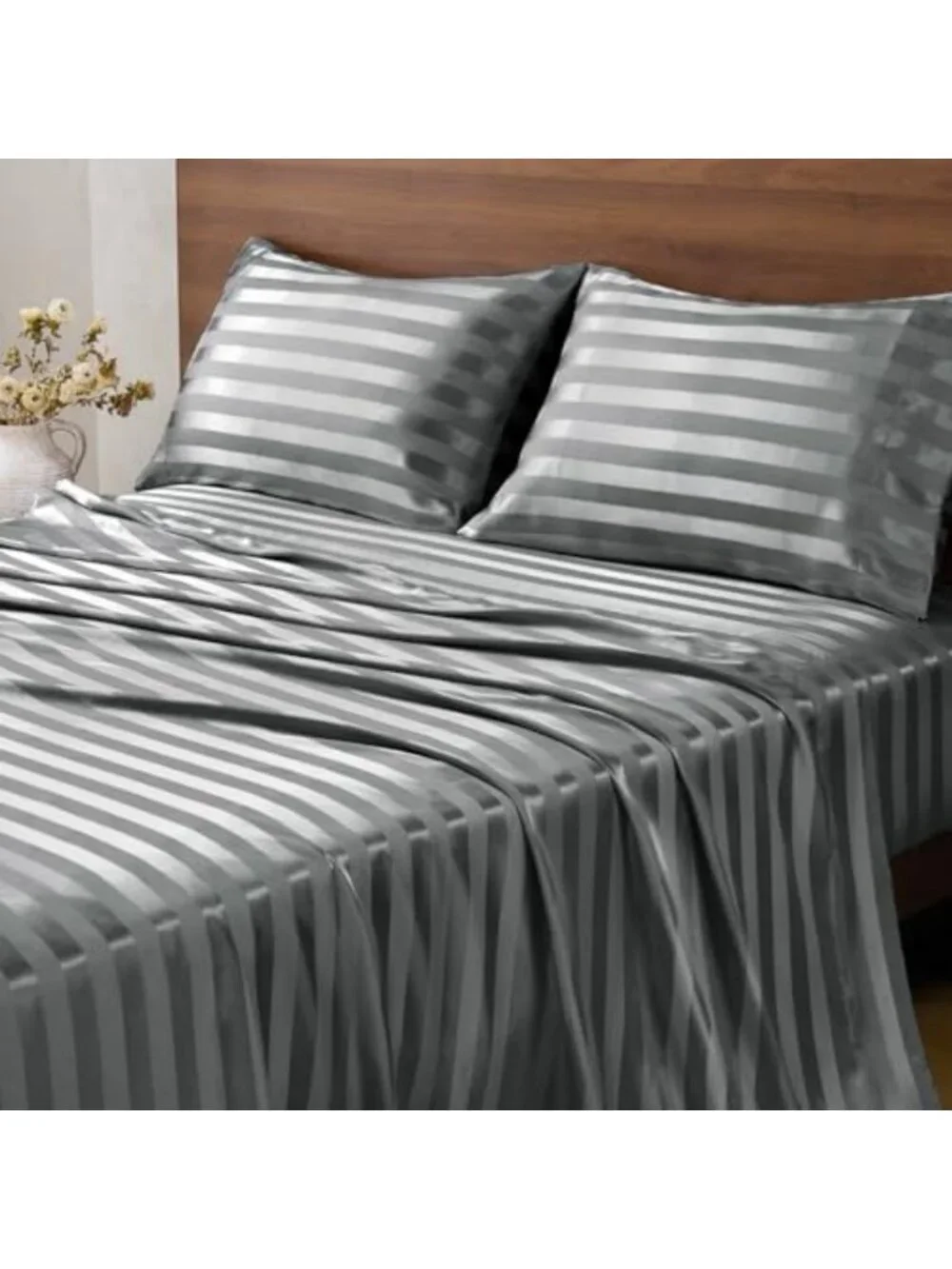 Luxurious Dark Grey Jacquard Striped Satin King Size Sheet Set - 4 Pieces
